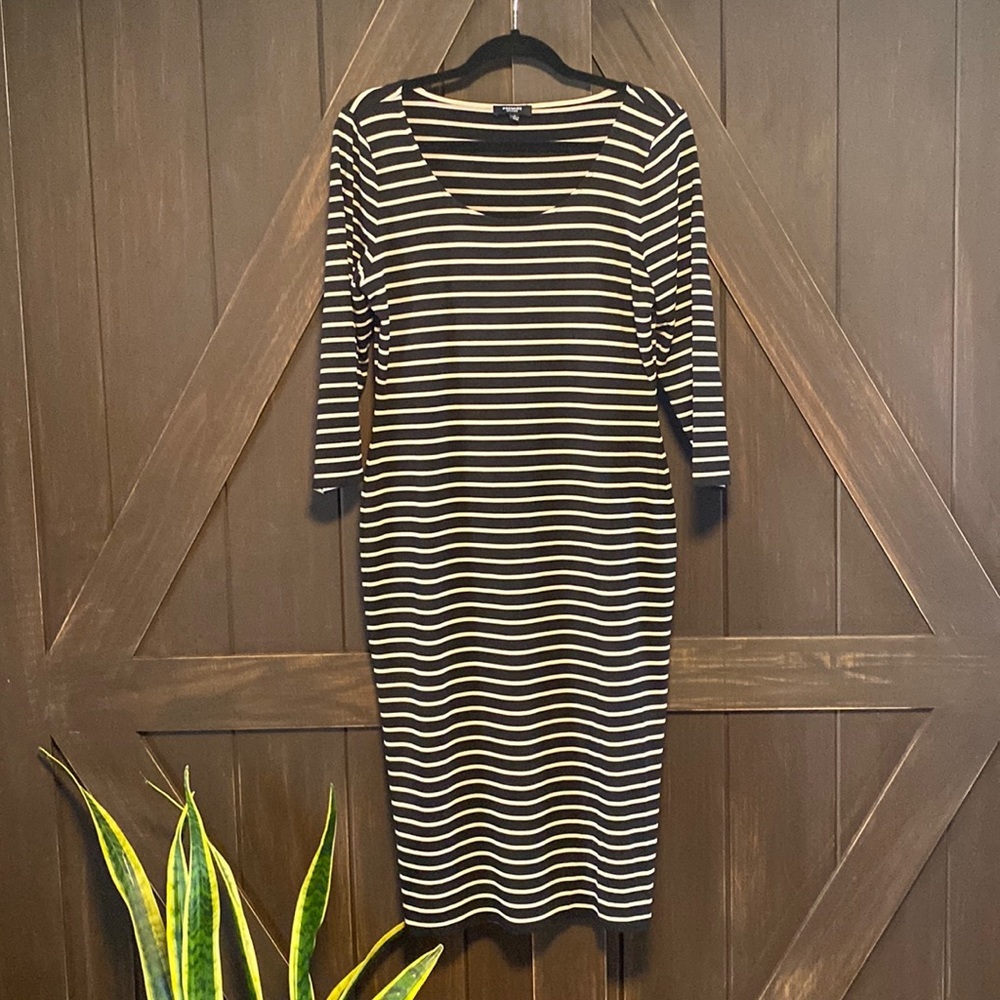 Premise Dress Large Black with Cream Vertical Stripes.